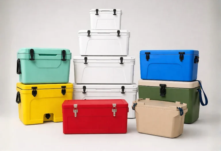Assorted heavy-duty ice boxes in multiple sizes and colors stacked together, showcasing durable cooler designs from an ice box manufacturer for outdoor, camping, and commercial storage use
