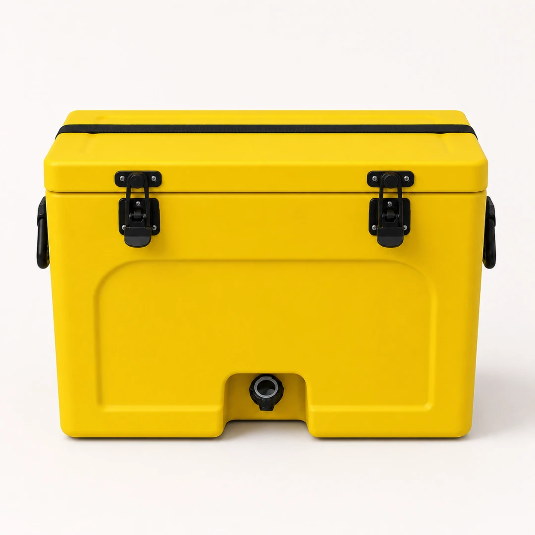 Yellow plastic ice box with secure latches and built-in drain outlet, representing durable cold storage solutions from a plastic ice box manufacturer for commercial and outdoor use