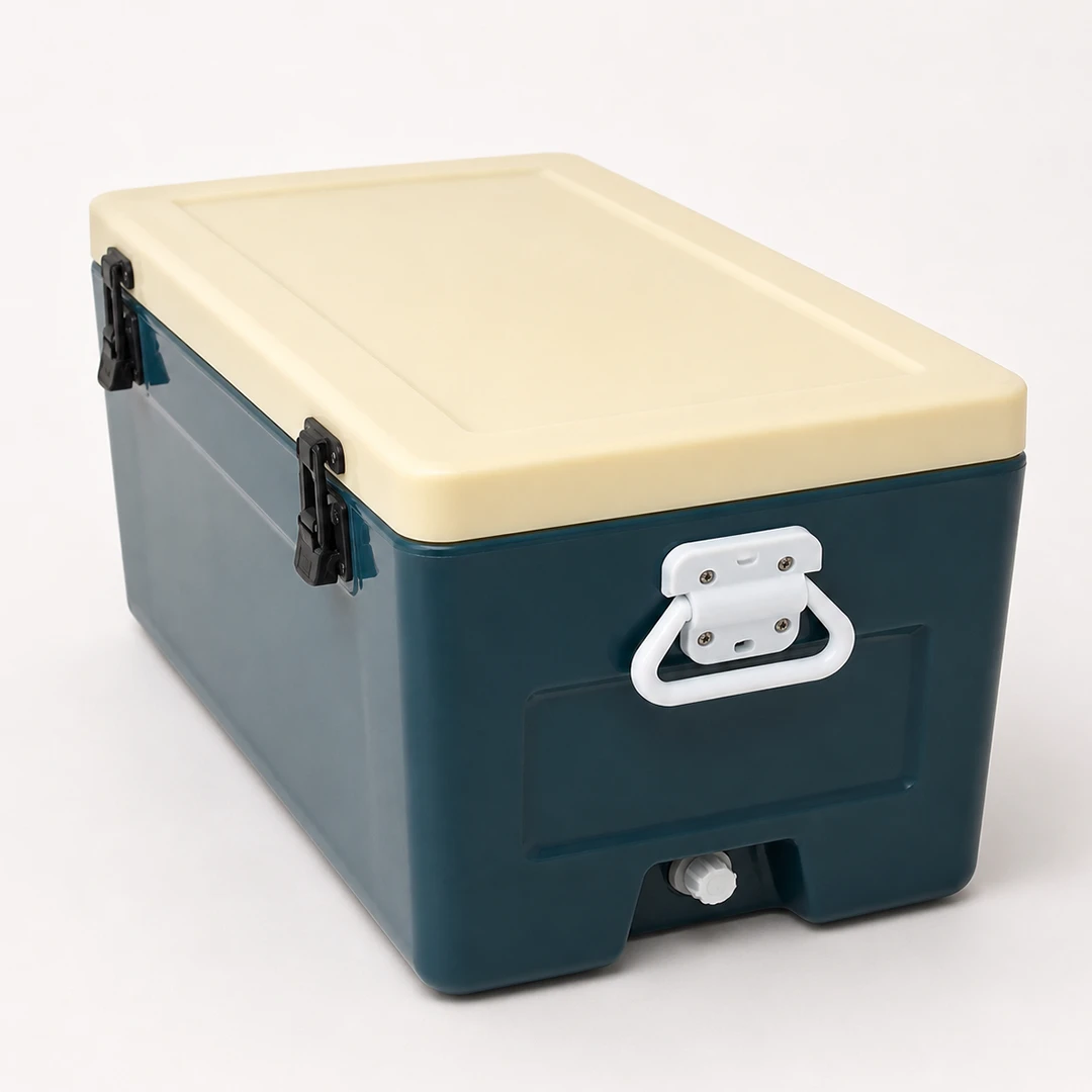 Heavy-duty insulated ice box with secure latches, carry handle, and drain plug, representing durable cold storage solutions from an ice box manufacturer for industrial and outdoor applications