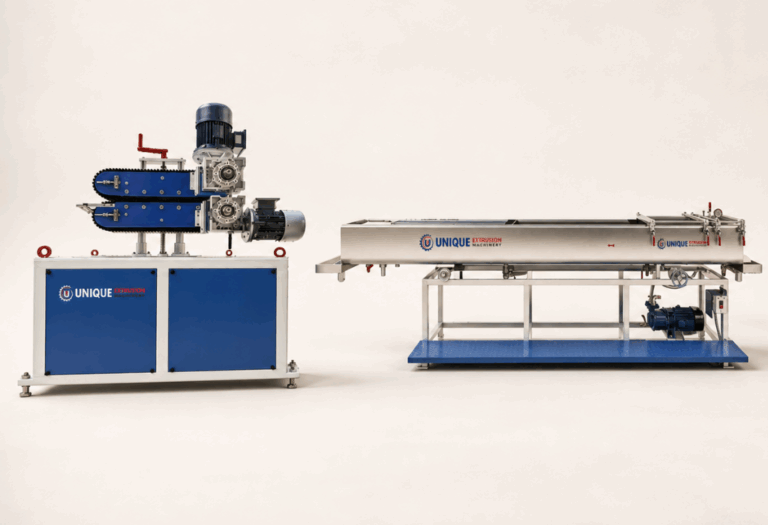 Industrial plastic extrusion machine with conveyor cooling system manufactured in India for efficient polymer processing and production lines