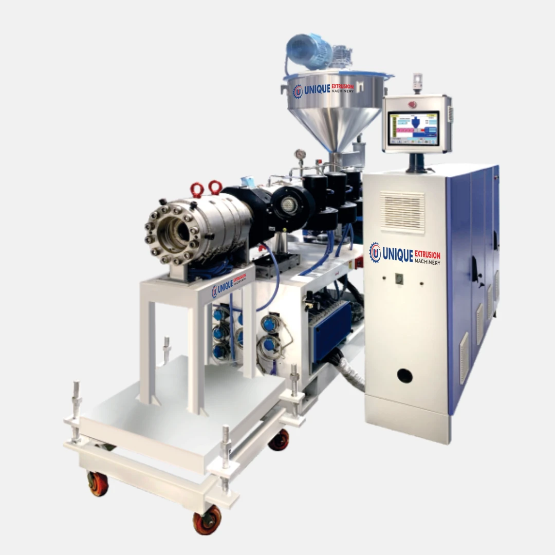 Industrial twin screw extruder machine with control panel and hopper system designed by twin screw extruder manufacturer for efficient plastic compounding and processing