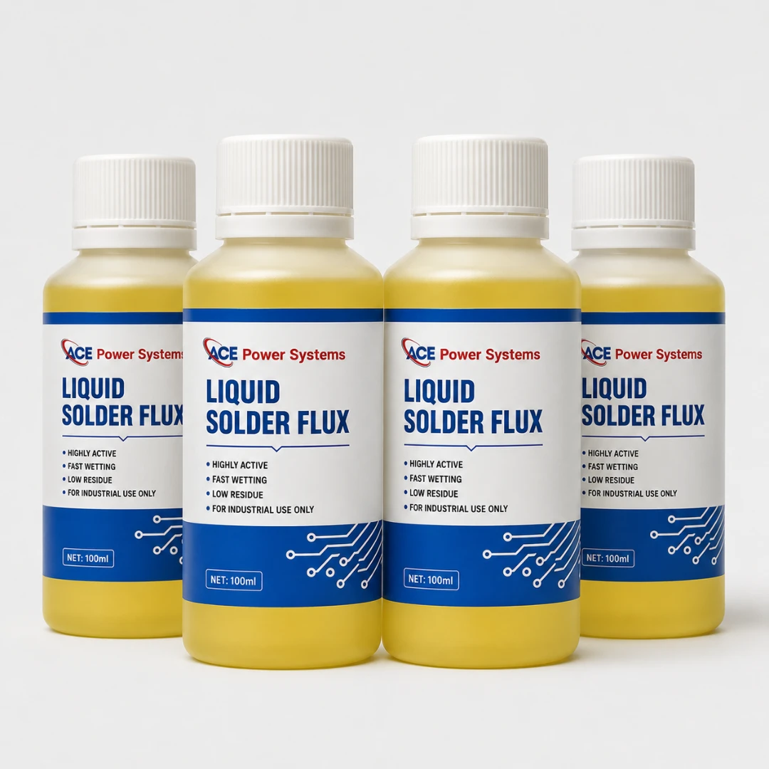 ACE liquid solder flux bottles designed for fast wetting, low residue, and industrial electronic soldering applications by a trusted solder flux manufacturer.