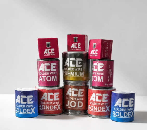 ACE solder wire products including Premium, Atom, Bondex, and Soldex displayed together by a trusted solder wire manufacturer for industrial and electronic soldering applications.