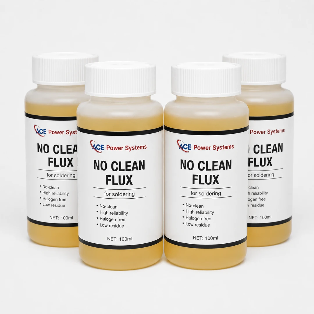 ACE no clean solder flux bottles designed for high reliability, low residue, and halogen-free electronic soldering applications by a leading solder flux manufacturer.