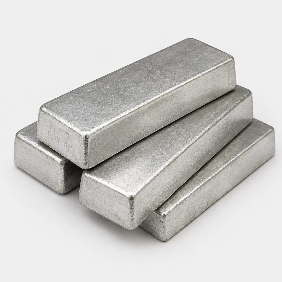 High purity tin ingots used in solder manufacturing, metal casting, and industrial electronic applications for reliable soldering performance.