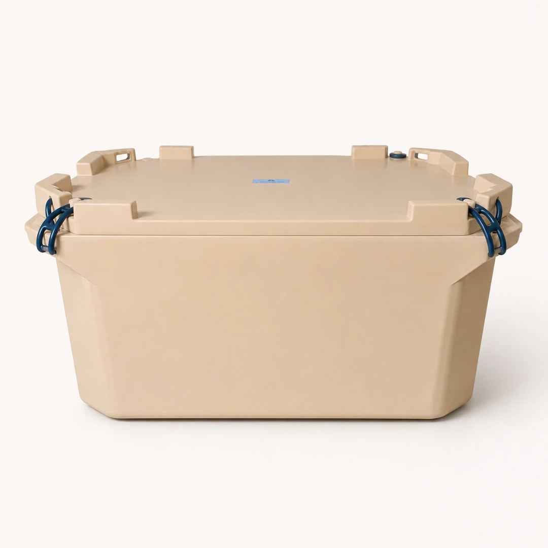 Beige rotomoulded ice box with secure locking system and sturdy design, showcasing durable cold storage solutions from an ice box manufacturer for industrial and bulk use