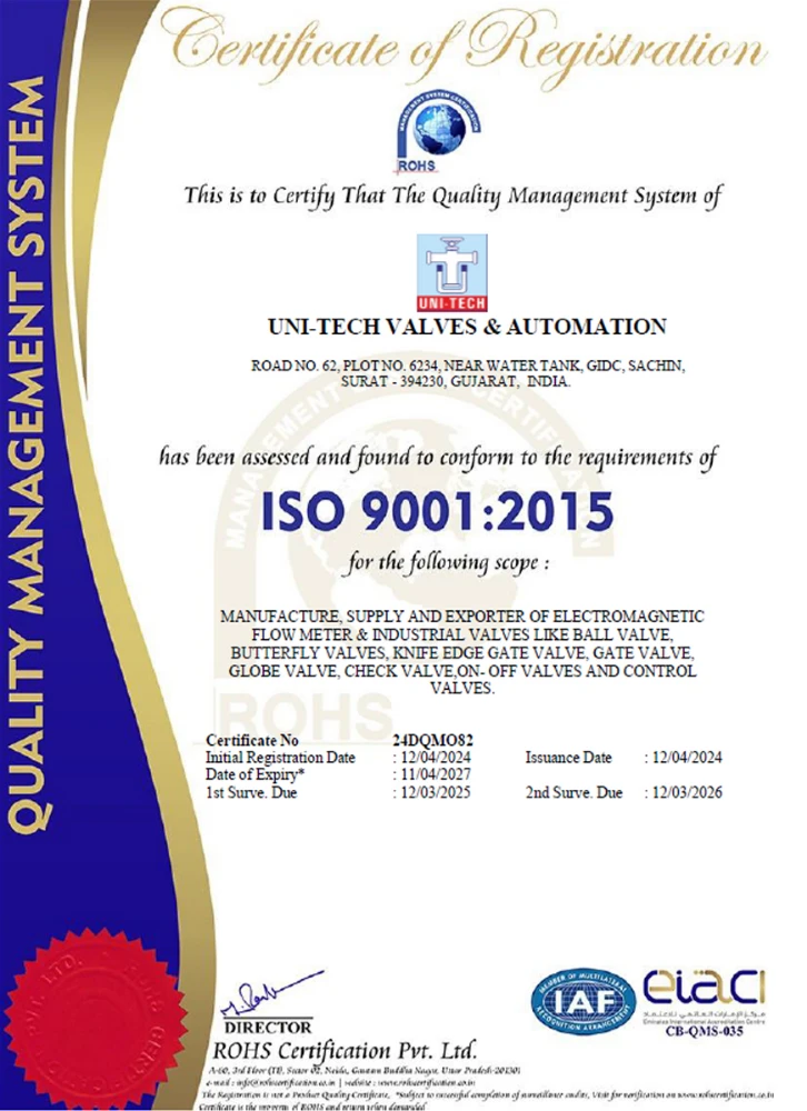 ISO 9001:2015 quality management certification awarded to Unitech Valves, a trusted industrial valve manufacturer specializing in industrial valves and flow control solutions.