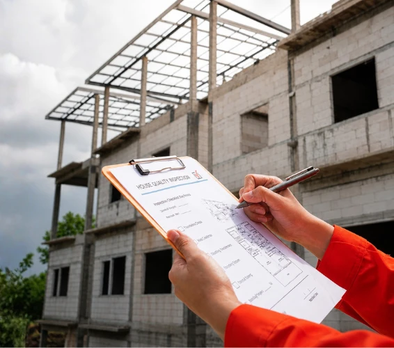 Chartered engineer reviewing structural inspection documents at a building construction site, providing professional civil and structural engineering assessment services for property and infrastructure projects.