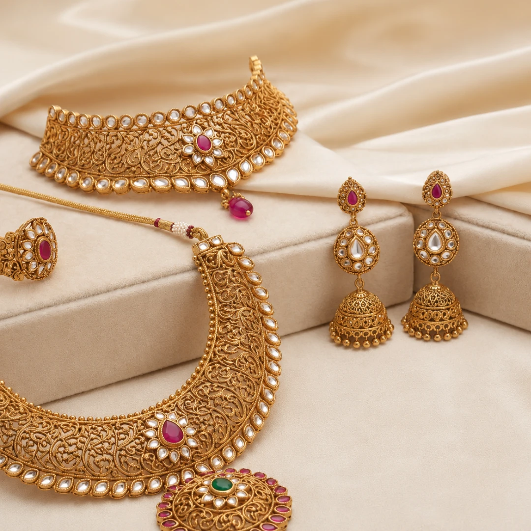Better Half manufactures wholesale gold jewellery sets in 18K, 22K, and 24K, including bridal necklace and earring combinations for retailers and distributors.