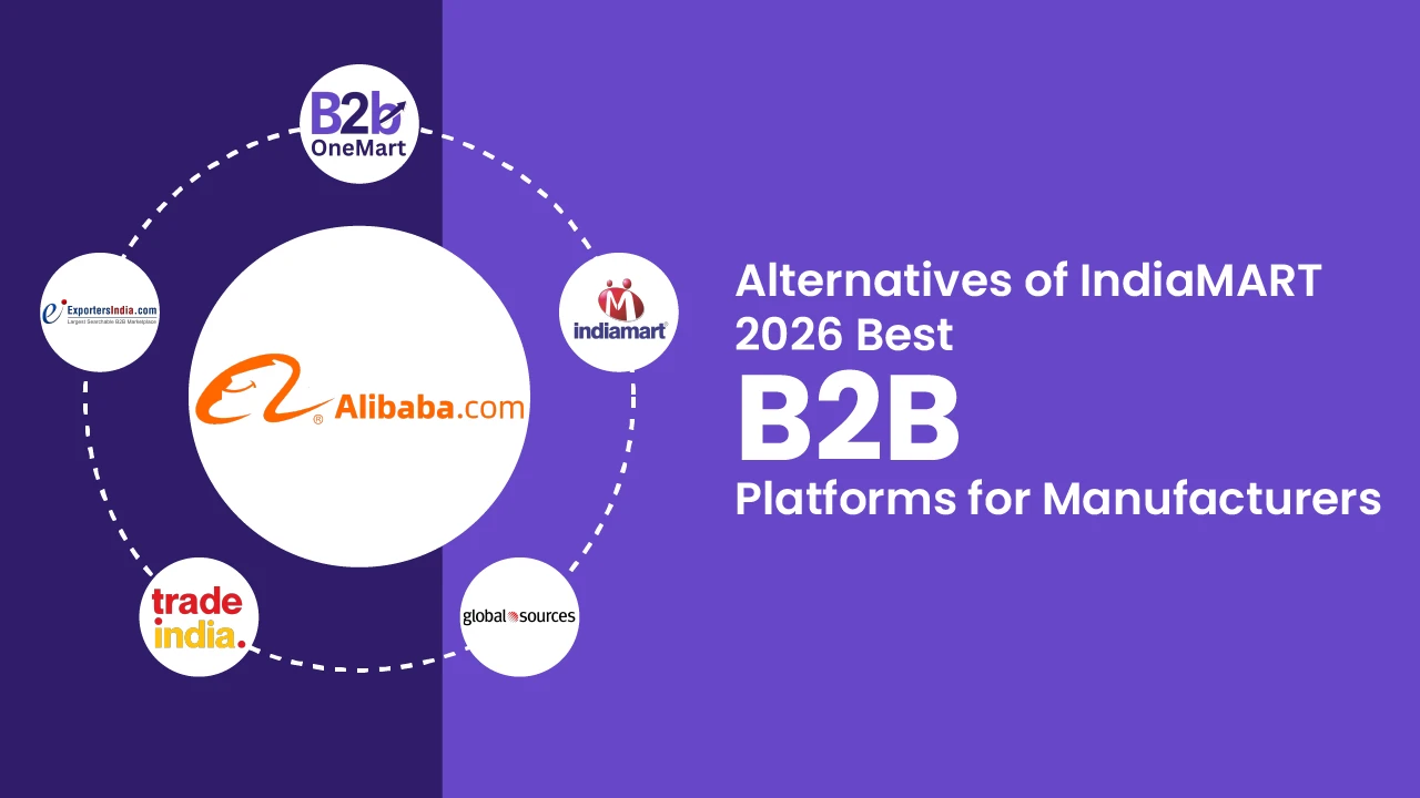 Best websites like Alibaba and Alibaba alternatives in India for manufacturers, featuring B2B platforms such as IndiaMART, TradeIndia, ExportersIndia, Global Sources, and B2B OneMart.