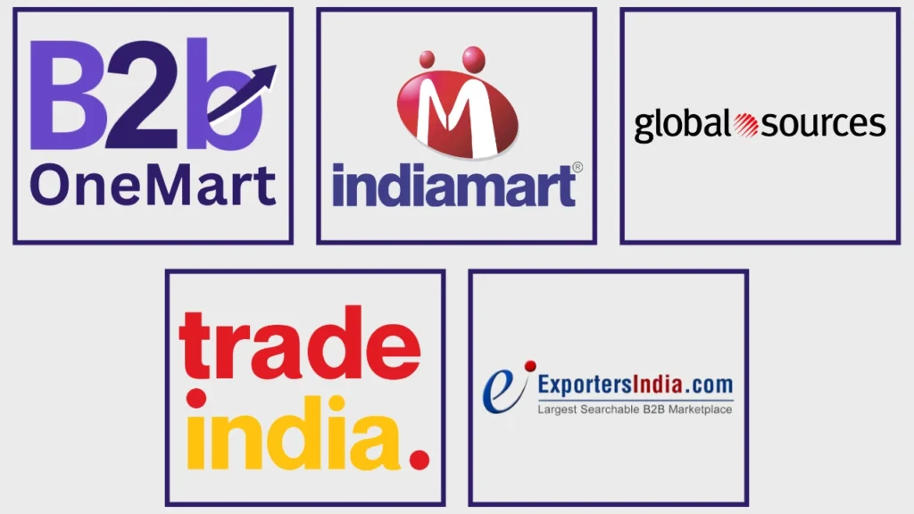 Top websites like Alibaba in India for manufacturers, showing B2B OneMart, IndiaMART, Global Sources, TradeIndia, and ExportersIndia as Alibaba alternative platforms.