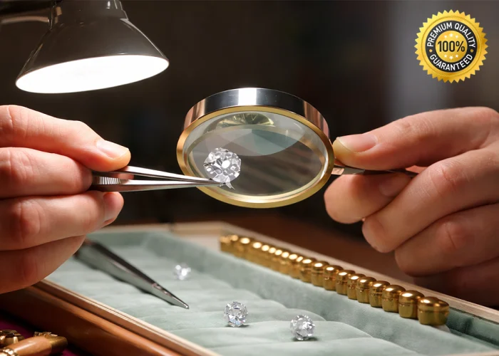 Lab-grown diamond manufacturers inspecting certified quality lab grown diamond with magnifier to ensure precision, clarity, and grading standards for jewelry production