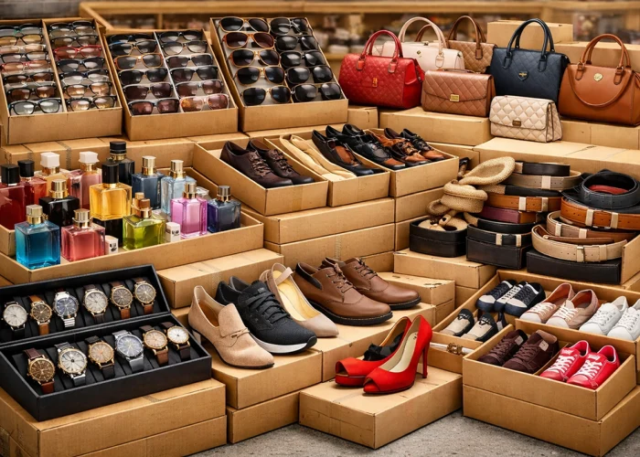 Bulk display of first copy sunglasses, perfumes, watches, shoes, handbags, and belts arranged in boxes, showcasing consistent quality standards by India’s biggest first copy products wholesaler and importer, Luxstand, ensuring reliable wholesale supply across all categories.