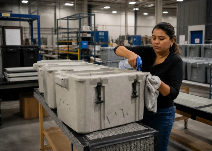 Worker cleaning heavy-duty insulated ice boxes in a manufacturing facility, highlighting industrial production standards from an insulated ice box manufacturer for bulk storage needs