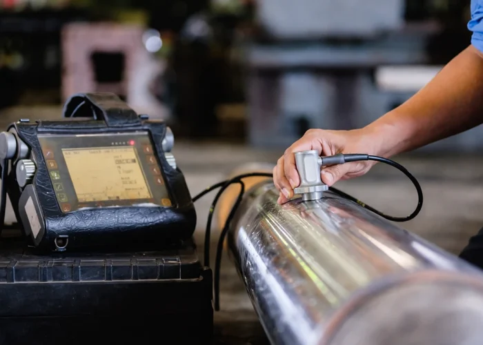 Technician performing ultrasonic testing on a stainless steel bar, demonstrating strict inspection and quality checks by stainless steel bars manufacturers to ensure precision and reliability.